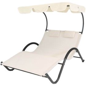 Off White Patio Chaise Lounger Chair with Canopy and Pillows