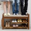 Solid Wood Entryway Shoe Rack Storage Bench with Cushioned Seat