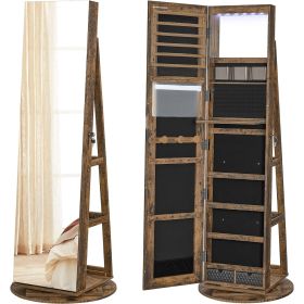 Rustic Brown Wood Jewelry Armoire Freestanding Rotating Mirror