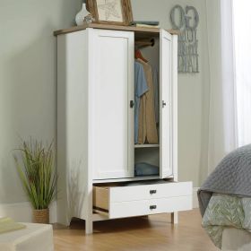 Farmhouse Bedroom Armoire w/ Bottom Storage Drawer in White Wood