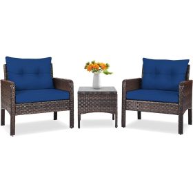 Brown Rattan Outdoor Dining Patio Furniture Set with Blue Cushions