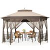 10 x 12 Ft Gazebo with Mosquito Net Sidewalls and Brown Canopy