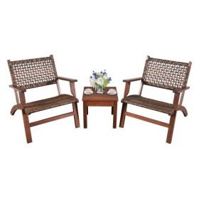 3 Piece Wooden Rattan Patio Furniture Chair and Table Set