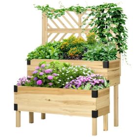 2 Tier Self Draining Natural Garden Bed Planter Box with Trellis