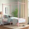 Twin size French Country Style Four Poster Metal Canopy Bed in Pink Finish