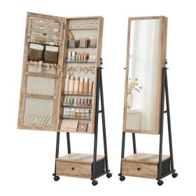 Light Brown Jewelry Armoire Organizer Mirror on Wheels