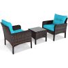 Brown Rattan Patio Furniture Dining Set w/ Turquoise Cushions