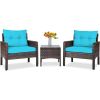 Brown Rattan Patio Furniture Dining Set w/ Turquoise Cushions