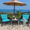 Brown Rattan Patio Furniture Dining Set w/ Turquoise Cushions