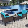 Brown Rattan Patio Furniture Dining Set w/ Turquoise Cushions