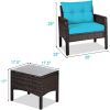 Brown Rattan Patio Furniture Dining Set w/ Turquoise Cushions