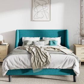 Turquoise Linen Blend Upholstered Platform Bed with Wingback Headboard