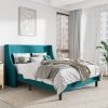 Turquoise Linen Blend Upholstered Platform Bed with Wingback Headboard