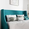 Turquoise Linen Blend Upholstered Platform Bed with Wingback Headboard