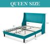 Turquoise Linen Blend Upholstered Platform Bed with Wingback Headboard