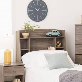 Twin size Modern Bookcase Headboard in Grey Brown Wood Finish