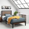 Twin Black Metal Platform Bed Frame with Brown Wood Slat Headboard