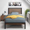 Twin Black Metal Platform Bed Frame with Brown Wood Slat Headboard