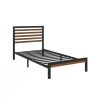 Twin Black Metal Platform Bed Frame with Brown Wood Slat Headboard