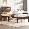 Twin Modern Farmhouse Metal Platform Bed Frame with Brown Wood Headboard