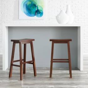 2 Farmhouse Bar Height Saddle Seat Barstools in Brown Walnut