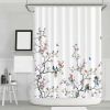 Floral Tree Bird Butterfly Japanese Style Shower Curtain in White Blue Pink