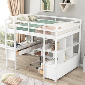 Full Size Loft Bed with Built-in Desk with Two Drawers and Storage Shelves