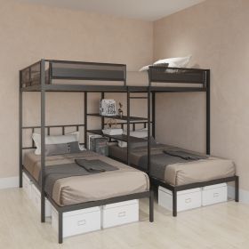 Metal Bunk Bed for Three - Full over Twin Beds with Shelves