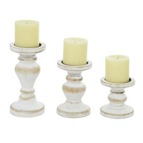 DecMode White Washed Wooden Curved Pillar Candle Holders