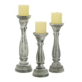 DecMode Traditional Gray Carved Wood Candle Holder