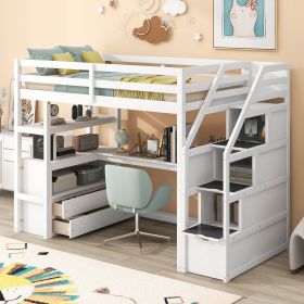 Loft Bed with Desk and Shelves, Storage Staircase, White