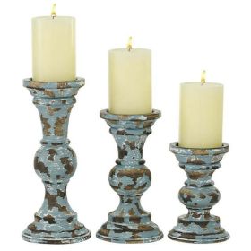 DecMode 3 Candle Light Blue Wood Candle Holder