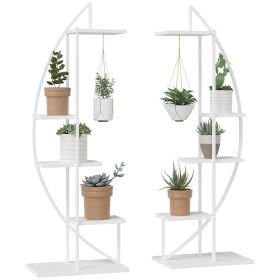 5 Tier Metal Plant Stand with Hangers, Half Moon Shape, White