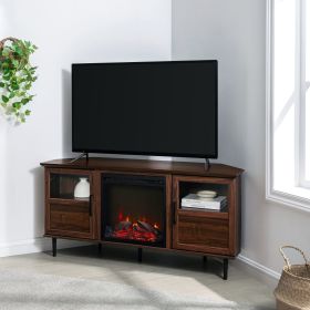 Modern Angled-Side Fireplace Corner TV Stand – Dark Walnut