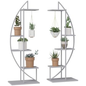 5 Tier Metal Plant Stand with Hangers, Half Moon Shape, Gray