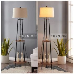 65" Woodgrain and Black Metal Floor Lamp with Table Frame