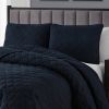 Full Queen 3-Piece Navy Blue Polyester Microfiber Reversible Diamond Quilt Set