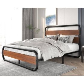 Heavy Duty Industrial Modern Metal Wood Platform Bed Frame with Headboard