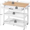 White Kitchen Island Cart with Drawer Storage Shelves and Locking Casters