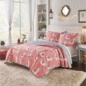 Twin/Twin XL Pink Blue Reversible Floral Llama Cotton Quilt Set