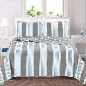 Twin 2 Piece Coastal Starfish Sand Dollar Grey Blue White Nautical Quilt Set