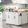 White Kitchen Cart Island with Stainless Steel Top 2 Drawers and Cabinet