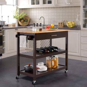 Black Kitchen Island Cart with Wood Top 2-Shelves Drawer and Locking Wheels