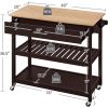 Black Kitchen Island Cart with Wood Top 2-Shelves Drawer and Locking Wheels