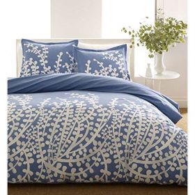 100-Percent Cotton 3-Piece Comforter Set with Blue White Floral Branch Pattern