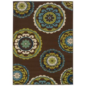 7'10 x 10'10 Outdoor/Indoor Area Rug in Brown Teal, Green Yellow Circles