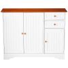 White Wood Sideboard Buffet Cabinet with Walnut Finish Top and Knobs