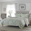 Reversible Cotton Quilt Set with Seafoam Blue Beige Floral Pattern