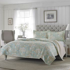 Reversible Cotton Quilt Set with Seafoam Blue Beige Floral Pattern