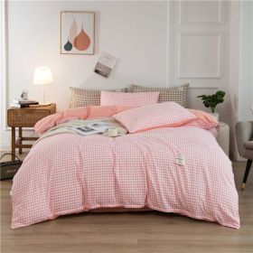 Simple Style 4 Piece Quilt Cover, Sheet and Pillowcase Set (Color: pink plaid 2, size: 220x240cm 4-piece)